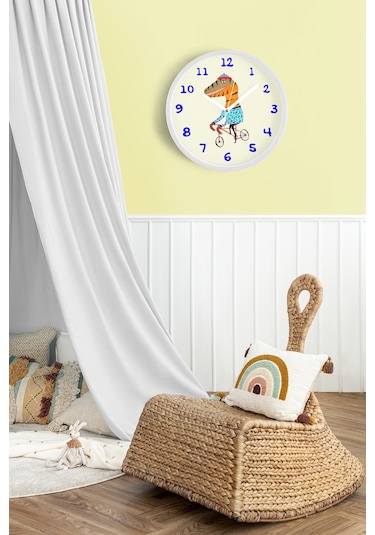Bisiklet Süren Dinozor Çocuk Odası Duvar Saati - 25cm - Önü Camlı Beyaz Kasa - Sessiz Mekanizma-jh1176 Beyaz