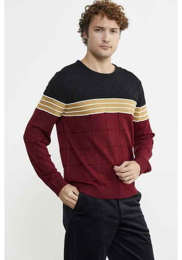 Blok Desen Sıfır Yaka Triko Kazak - Bordo 001