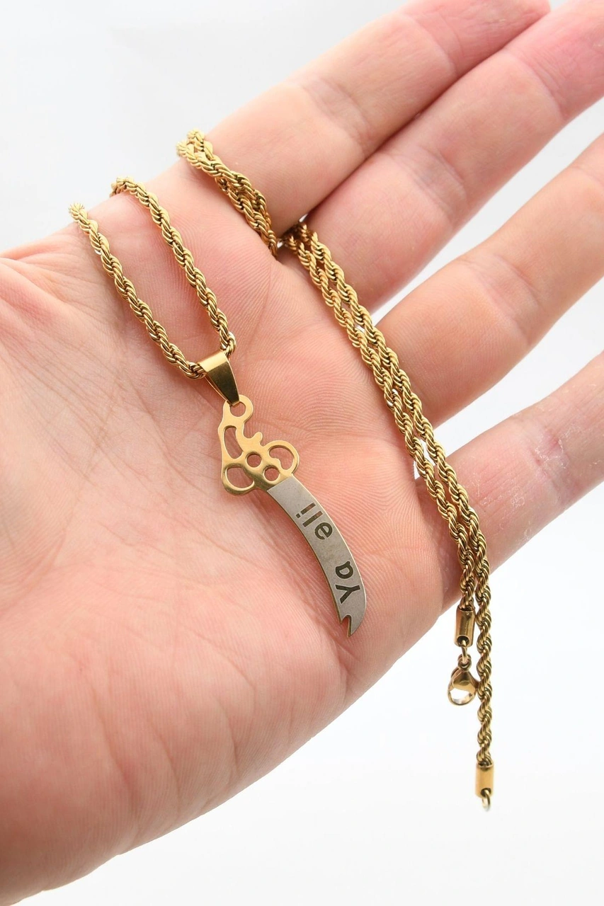 Hz. Ali Zülfikar Kılıcı Kolye Paslanmaz Çelik Zincir Altın Kaplama 3mm 902309 Altın