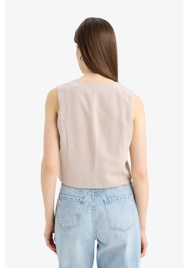 DeFacto 	V Yaka Keten Karışımlı Beyaz Blazer Yelek D0513AX25SMBG78 Bej