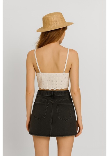 Yüksek Bel Püsküllü Mini Jean Etek Buz Mavisi