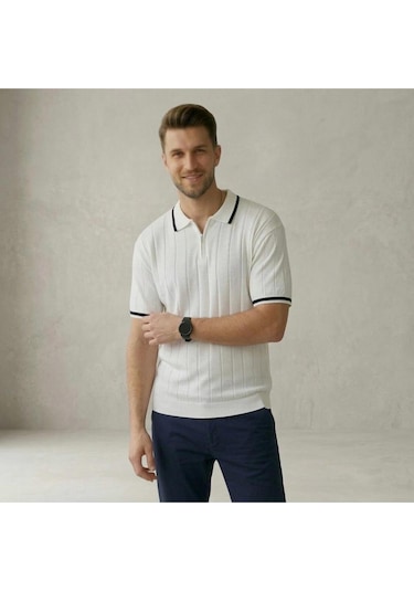 Fermuarlı Polo Yaka Kısa Kollu Triko T-shirt Beyaz