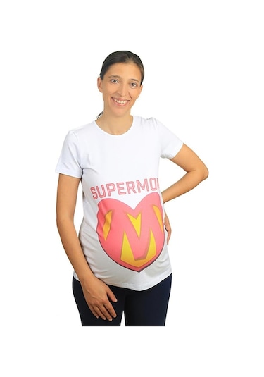 Mummy's Baby Hamile Tişört Super Mom Beyaz 8676