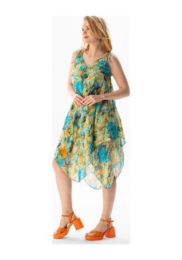 Askılı Vual Afrodit Midi Boy Yazlık Elbise Batik Turkuaz 6212 - Standart Çok Renkli - Turkuaz