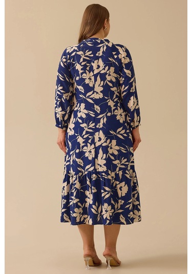 Galaxi Kadın Büyük Beden Desenli Fırfır Detaylı Elbise 4008 Lacivert Lacivert