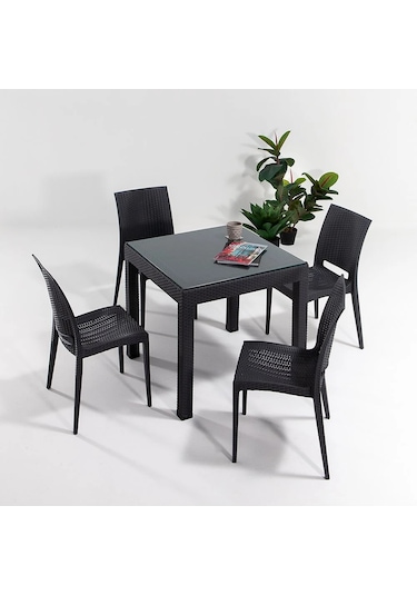 Rattan Camlı 80x80 Masa Takımı 4 Kolsuz Sandalye Antrasit Bahçe Balkon Teras Antrasit