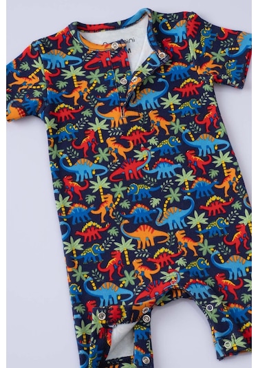 Boumini Kısa Kollu Şort Bebek Tulum Dinazor Desenli Lacivert-lacivert Lacivert