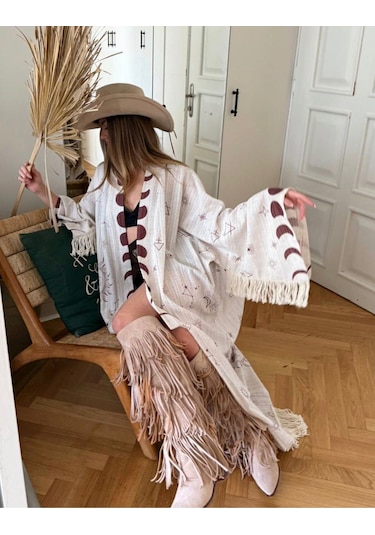 Dıe&more Trend Minimal Desenli Oversize Kimono Bej