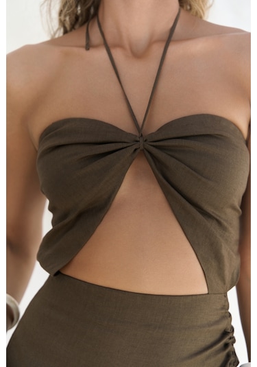 Mai Collection Abrossa Boyundan Bağcıklı Asimetrik Kahve Keten Elbise Kahverengi