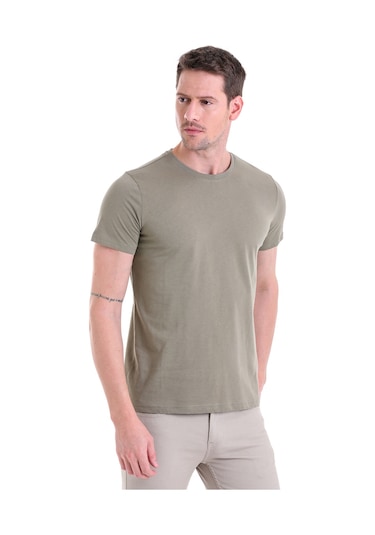 Hatemoğlu Regular Fit Pamuk Bisiklet Yaka Düz Erkek Tişört Açık Haki