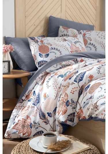 Mystory Home Etro Lastikli Çarşaflı Çift Kişilik Nevresim Takımı Indigo - Kahverengi