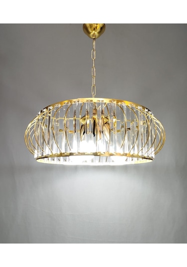 Şık Metal Camlı Büyük Boy Avize Gold