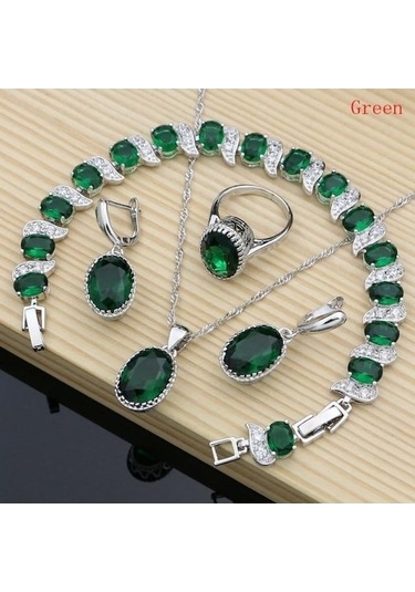 Novahub Yeşil Pomoiii Doğal 925 Gümüş Takı Kırmızı Birthstone Charm Takı Setleri Kadın Küpe/kolye/kolye/yüzük/bilezik 9.5 Yeşil