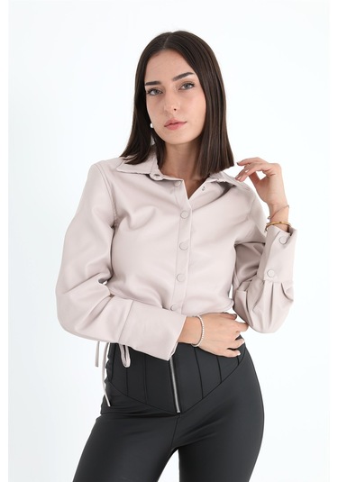 İçi Kadife Bağcıklı Kadın Kısa Deri Gömlek - Taş-taş Taş