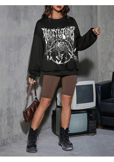 Adrift Coolane Skeleton & Letter Graphic Drop Shoulder Sweatshirt Siyah Siyah