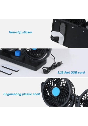 Maiyame 12v Usb İki Başlı Soğutma Fanı - 360 Derece Dönebilen, 2 Hızlı, Ev Ve Araç İçin Sessiz Soğutucu - Mavi Siyah