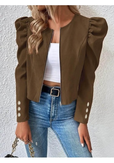 Kadın Uzun Kollu Önden Fermuarlı Balon Kol Süet Ceket Siyah