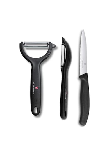 3'lü Siyah Set Dik Ve Sapan Soyacak & 10 Cm. Tırtıklı Sivri Bıçak