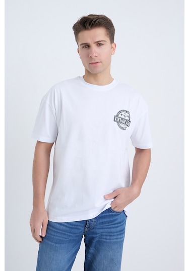 Erkek Oversize Baskılı T-shirt Beyaz Vintage Logo Beyaz