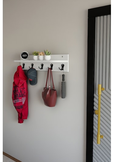 Alpa Ev Mobilya 5 Askılı Raflı Portmanto, Elbise Askılığı, Modern Duvar Organizer Askılık Beyaz