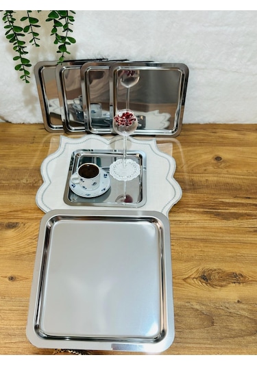 Kare Gümüş Paslanmaz Çelik 6'lı Sunum Servis Tepsisi 21.5 CM