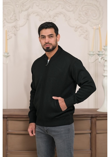 Woolen World Pilot Yaka Fermuar Kapamalı Klasik Kesim Astarlı Çelik Örgü Hırka Siyah