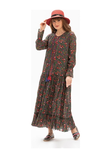 Uzun Kol Vual Gonca Uzun Elbise Tomurcuk Desen Yeşil 6170-yeşil