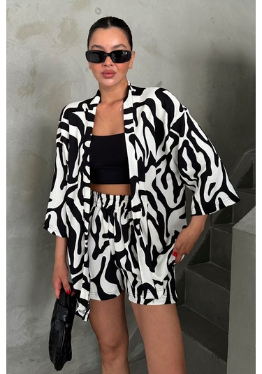 Modagen Kadın Zebra Desenli Kimono Şort Alt Üst Takım Siyah Beyaz