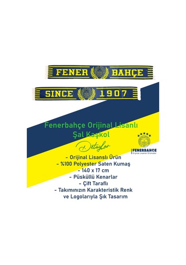 Fenerbahçe Lisanslı Since 1907 Fenerbahçe Saten Şal Atkı Lacivert - Sarı