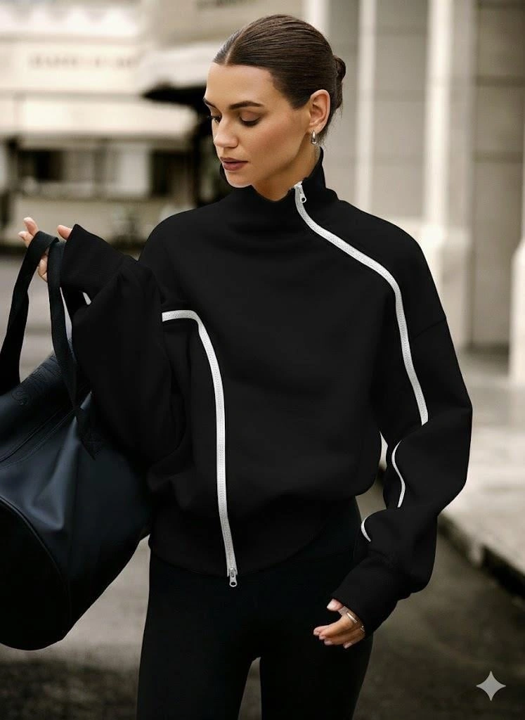 Siyah Kadın Yüksek Yaka Komple Fermuarlı Sweatshirt Spor Ve Günlük Şık Oversize Model Siyah