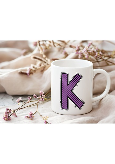 K Harfi Mor Puantiyeli Kupa Bardak - Polka Dot Tasarım Kahve Çay Bardak - Kişiye Özel Hediyelik Beyaz