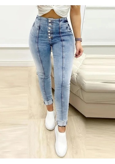 Leyla Sanat Sanata Yeni Bir Bakış Açısı Kadın Yüksek Bel Önden Düğmeli Jean Pantolon Mavi