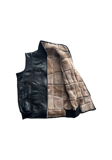 Içi Kürk Hakiki Deri Yakalı Biye Triko Detaylı Siyah-Vizon Yelek