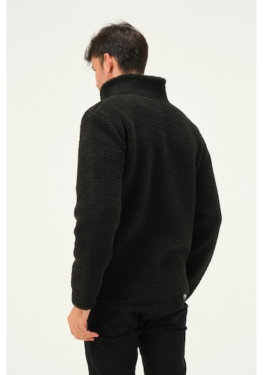 Erkek Dik Yaka Parçalı Polar Ceket Siyah