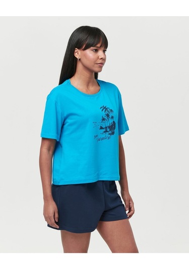 Bella Dossi Pamuklu Kısa Kollu Baskılı Kadın Şortlu Pijama Takımı Mavi