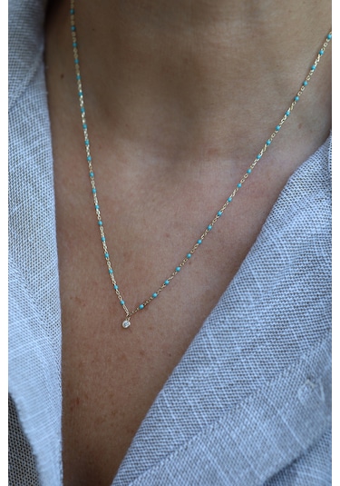 Yenigün Kuyumculuk 14 Ayar Altın Turkuaz Taşlı Ve Tek Taş Detaylı Kolye Kly17570 Sarı Altın