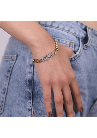 Taşlı Isim Yazılı Klasik Bileklik Sarı Altın