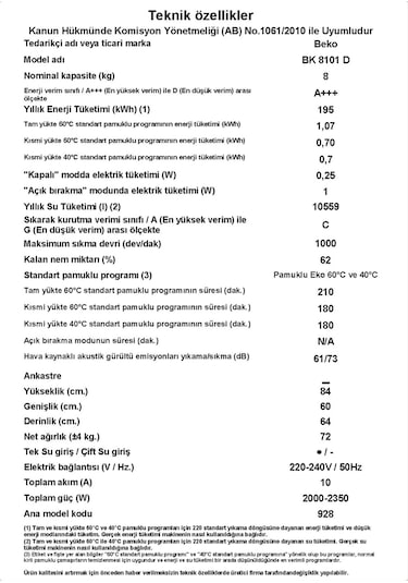 Beko BK 8101 D A+++ 1000 Devir 8 KG Çamaşır Makinesi Beyaz