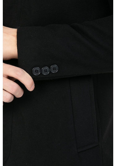 Erkek Siyah Dar Kesim Uzun Kaşe Gömlek Yaka Palto & Kaban Siyah