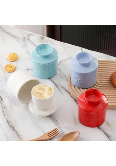 Seramik Kapaklı Tereyağı Güveç Fransız Tereyağı Tabağı Kaleci Sayacı Sürülebilir Yumuşak Tereyağı Kabı Saklama Kavanozu Su Hattı İle Kırmızı