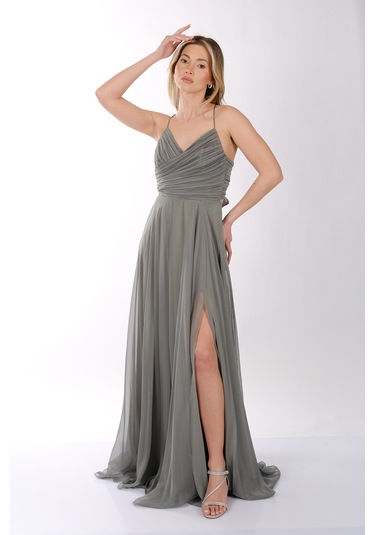 Dori İnce Askılı Önden Yırtmaçlı Drape Kiloş Abiye Elbise 00kb6128 Çağla