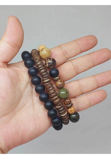 Ahşap Tasarım Unisex Otantik Bileklik 3lü Set 51476 Çok Renkli