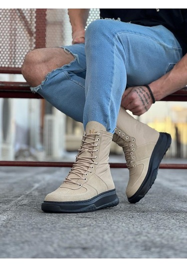 Wagoon Wg012 Bej Kömür Süet Uzun Bağcıklı Bot Krem