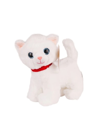 Sesli Miyavlayan Peluş Kedi 20 Cm Yumuşak Sevimli Ayakta İnteraktif Oyuncak Beyaz