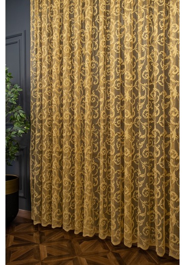 Taç Şal Desen Tül Perde - Hardal