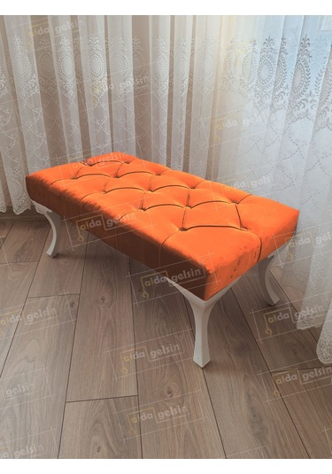 Kapitoneli Ayak Ucu Kapı Önü Antre Bench Puf Beyaz Ayak 120 45 Turuncu