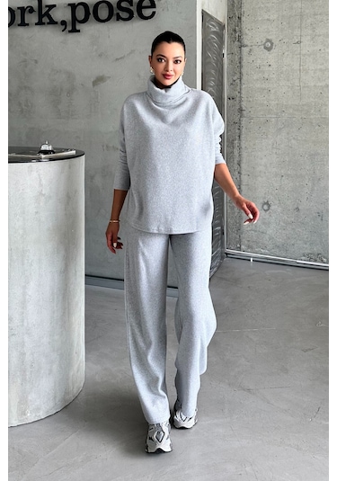Modagen Kadın Selanik Kumaş Balıkçı Yaka Alt Üst Takım Gri