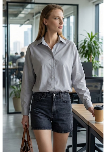 Armonika Kadın Gri Oversize Uzun Basic Gömlek Arm-22y001118