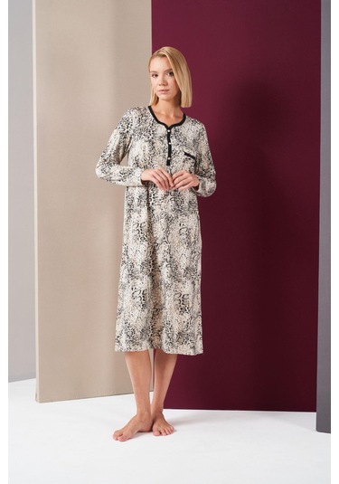Pjs 26024 Kadın Patlı Dantel Detaylı Desenli Uzun Kol Gecelik Desenli