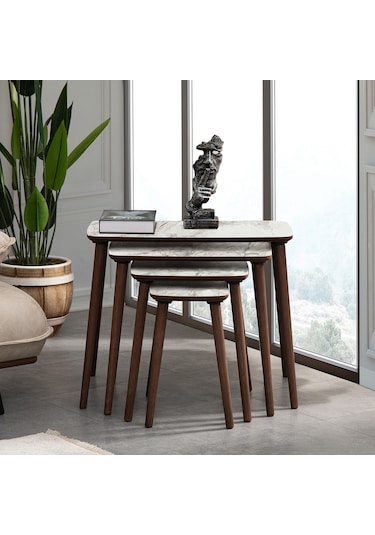 Vovvahome Luci 4lü Dörtlü Mdf Ahşap Zigon Sehpa - Beyaz Mermer